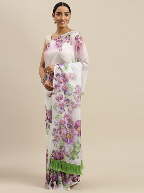 Vastranand White & Purple Floral Print Saree With Unstitched Blouse Price in India