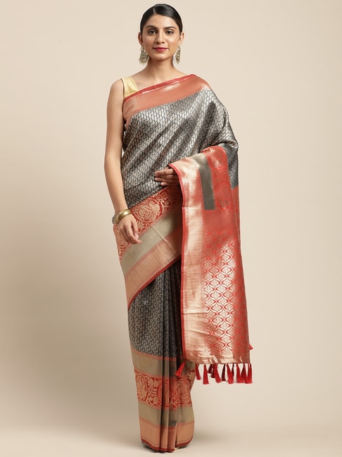 Vastranand Grey & Red Paisley Print Saree With Unstitched Blouse Price in India