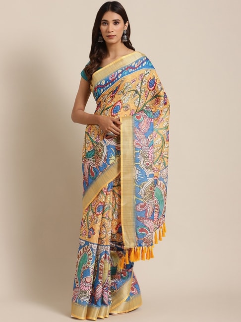 Vastranand Yellow & Blue Printed Saree With Unstitched Blouse Price in India