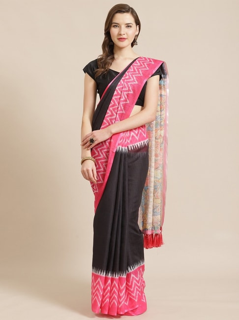 Vastranand Black & Pink Ikkat Print Saree With Unstitched Blouse Price in India