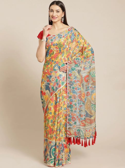 Vastranand Yellow Printed Saree With Unstitched Blouse Price in India