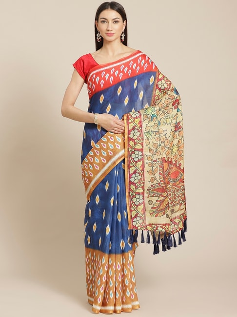 Vastranand Blue & Orange Ikkat Print Saree With Unstitched Blouse Price in India
