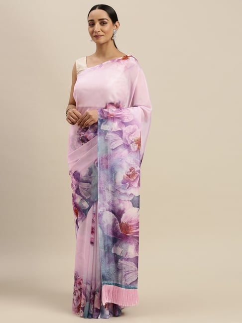 Vastranand Pink & Purple Floral Print Saree With Unstitched Blouse Price in India