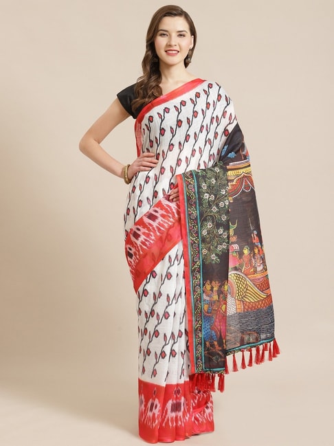 Vastranand White & Red Ikkat Print Saree With Unstitched Blouse Price in India