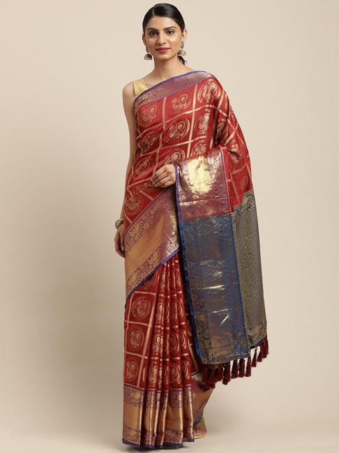 Vastranand Maroon Woven Saree With Unstitched Blouse Price in India