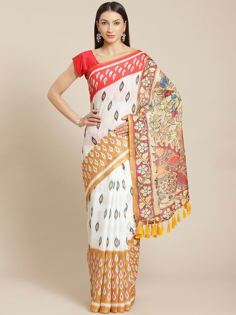 Vastranand White & Mustard Ikkat Print Saree With Unstitched Blouse Price in India