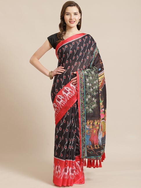 Vastranand Black Ikkat Print Saree With Unstitched Blouse Price in India