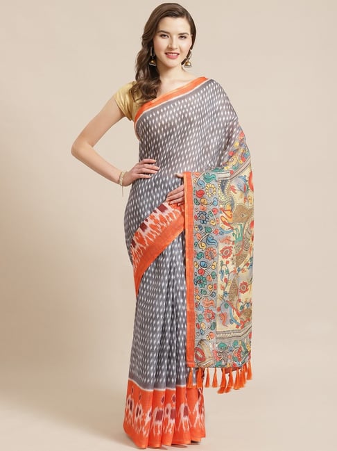 Vastranand Grey & Orange Ikkat Print Saree With Unstitched Blouse Price in India