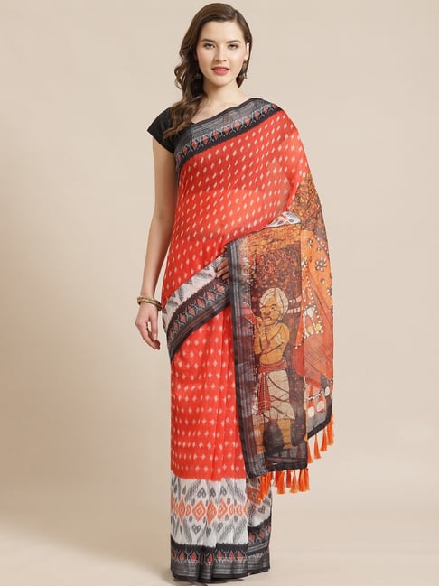 Vastranand Orange & Black Ikkat Print Saree With Unstitched Blouse Price in India