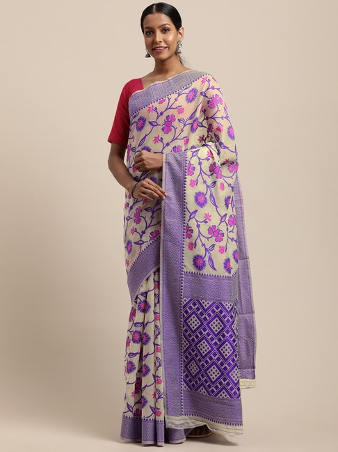 Vastranand White & Purple Woven Saree With Unstitched Blouse Price in India