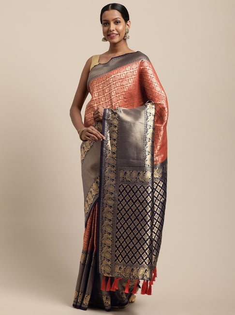 Vastranand Red & Navy Woven Saree With Unstitched Blouse Price in India