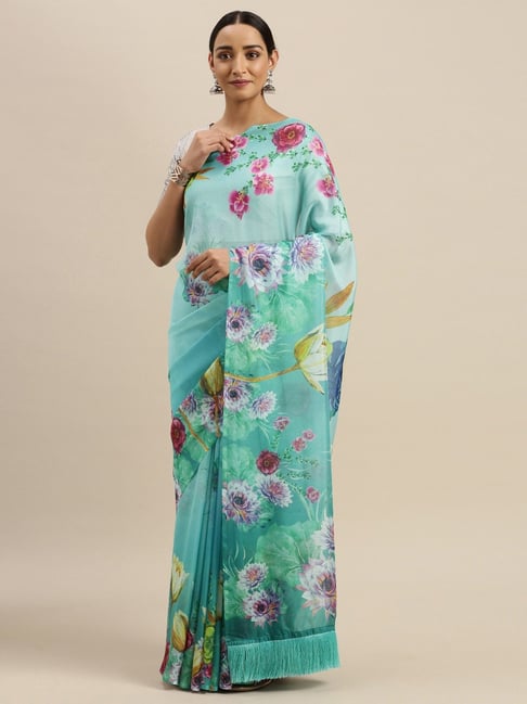 Vastranand Turquoise Floral Print Saree With Unstitched Blouse Price in India