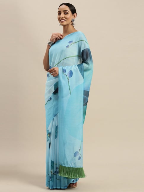 Vastranand Blue Floral Print Saree With Unstitched Blouse Price in India