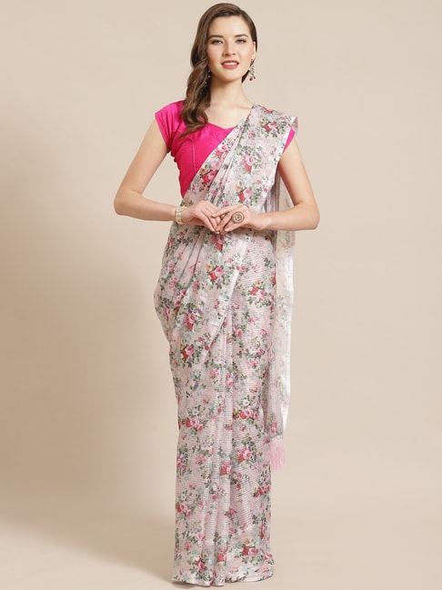 Vastranand Pink & Green Floral Print Saree With Unstitched Blouse Price in India