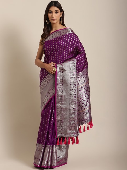 Vastranand Purple Zari Work Saree With Unstitched Blouse Price in India