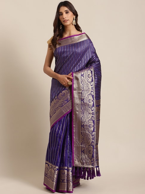 Vastranand Violet Striped Saree With Unstitched Blouse Price in India