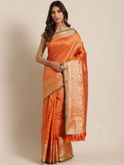 Vastranand Orange Striped Saree With Unstitched Blouse Price in India