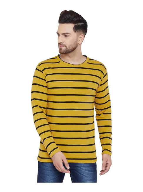 Hypernation Mustard & Black Cotton Regular Fit Striped T-Shirt