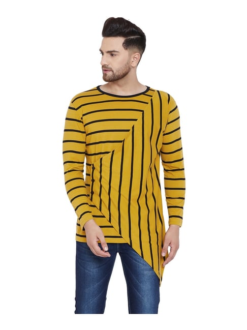 Hypernation Mustard & Black Cotton Regular Fit Striped T-Shirt