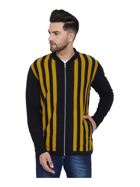 Hypernation Mustard & Black Cotton Regular Fit Striped T-Shirt