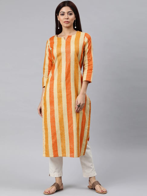 Vaamsi Beige & Orange Chequered Straight Kurta-picture-12