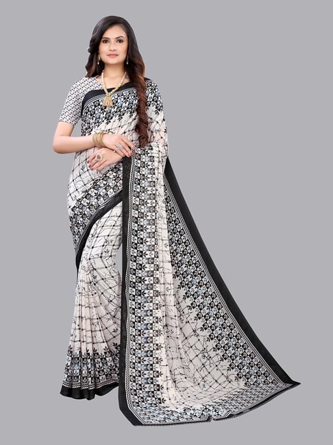 Satrani White & Black Printed Saree With Unstitched Blouse Piece Price in India