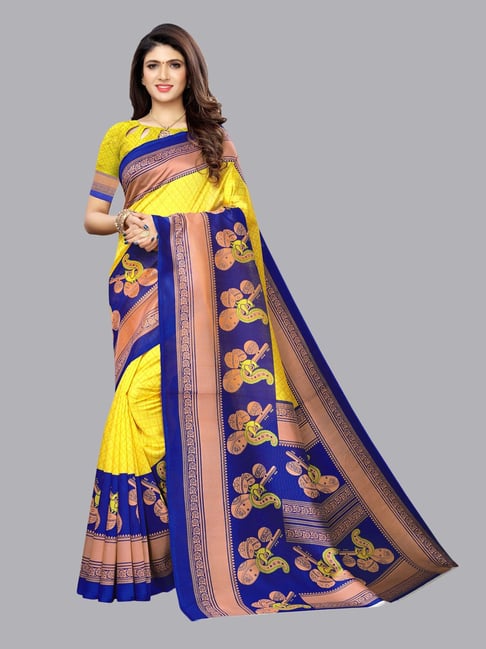 Satrani Yellow & Blue Printed Saree With Blouse Price in India