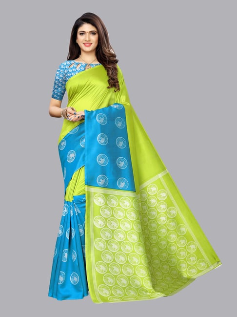 Satrani Olive & Turquoise Printed Saree With Blouse Price in India