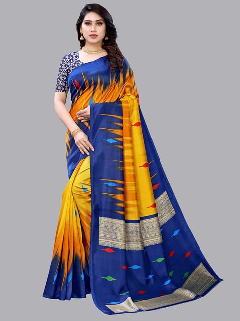 Satrani Yellow & Blue Woven Saree With Blouse Price in India