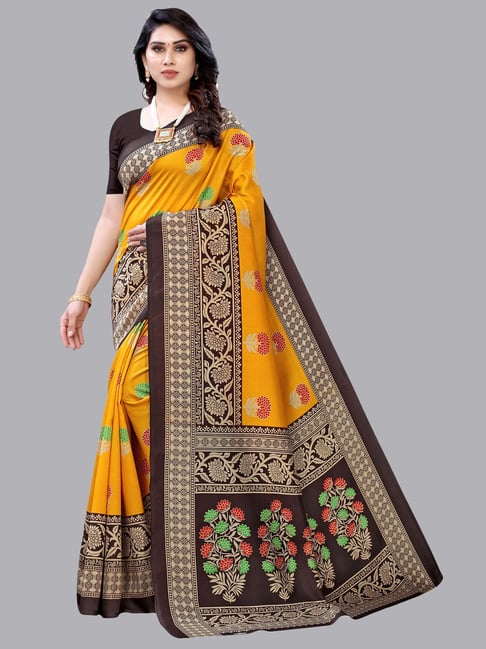 Satrani Yellow Printed Saree With Blouse Price in India
