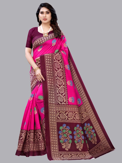 Satrani Pink Printed Saree With Blouse Price in India