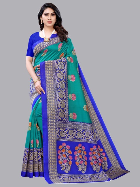 Satrani Green & Blue Printed Saree With Blouse Price in India
