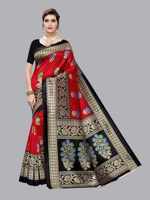 Satrani Red Printed Saree With Blouse Price in India