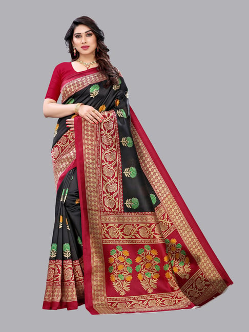 Satrani Black & Red Printed Saree With Blouse Price in India