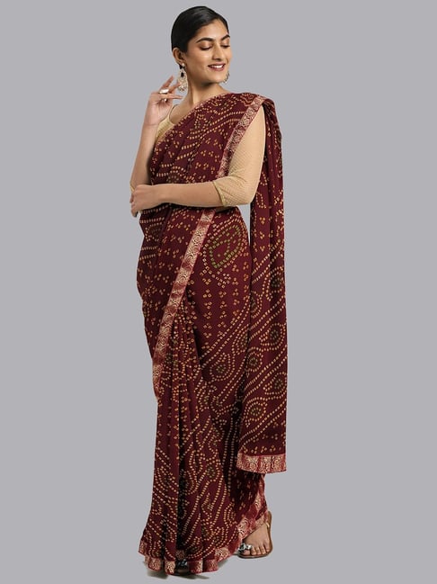 Orange And Maroon Bandhani Print Georgette Saree