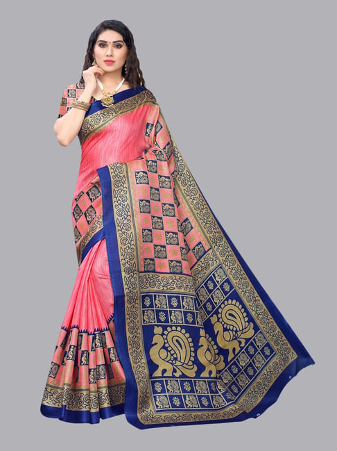 Satrani Pink & Blue Check Saree With Blouse Price in India