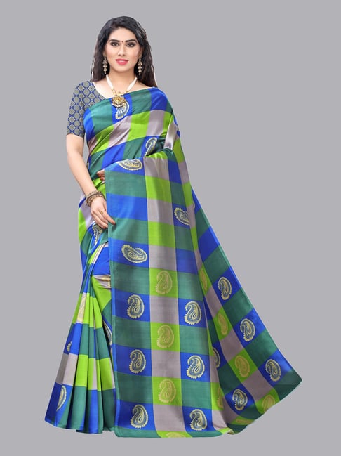 Satrani Blue Check Saree With Blouse Price in India