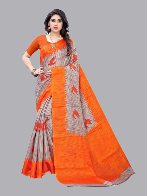 Satrani Grey & Orange Ikkat Saree With Blouse Price in India