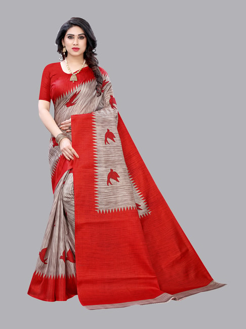 Satrani Grey & Red Ikkat Saree With Blouse Price in India