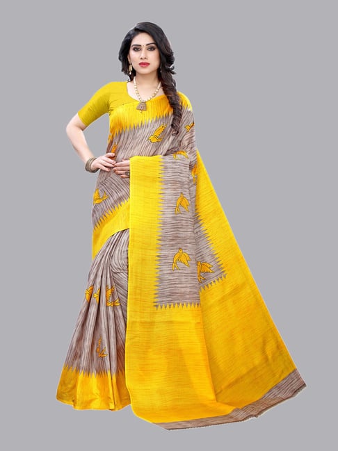 Satrani Beige & Yellow Ikkat Saree With Blouse Price in India