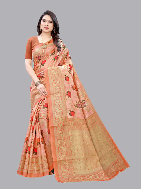 Satrani Peach Printed Saree With Blouse Price in India