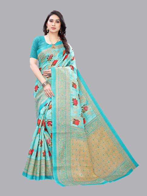 Satrani Blue Printed Saree With Blouse Price in India