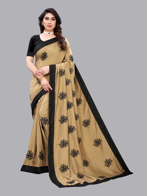 Satrani Beige Embroidered Saree With Blouse Price in India