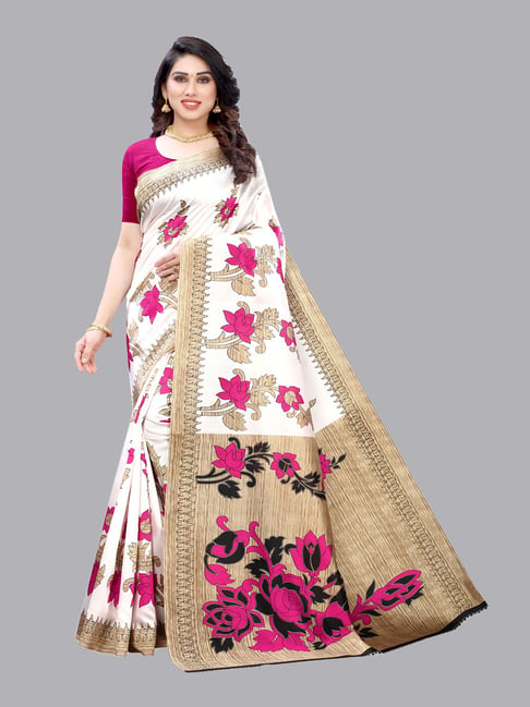 Satrani White & Pink Printed Saree With Blouse Price in India