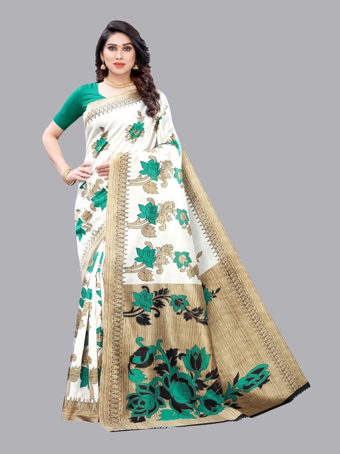 Satrani White & Green Printed Saree With Blouse Price in India