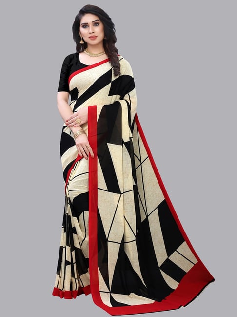 Satrani Black & Beige Printed Saree With Blouse Price in India