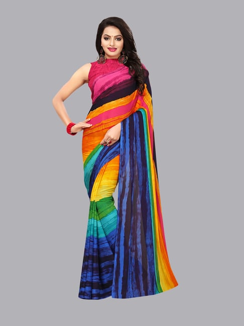 Satrani Multicolor Striped Saree With Blouse Price in India