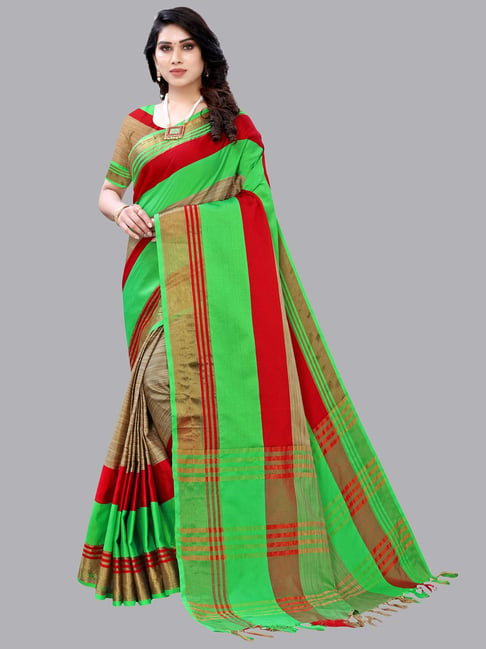 Satrani Beige & Green Striped Saree With Blouse Price in India