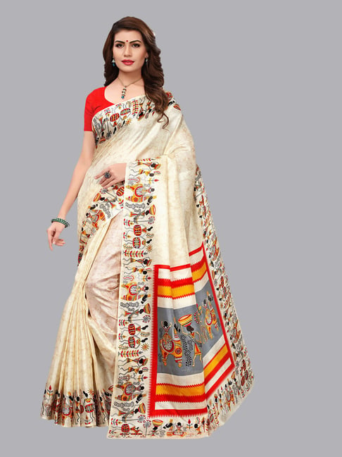 Satrani Beige Printed Saree With Blouse Price in India