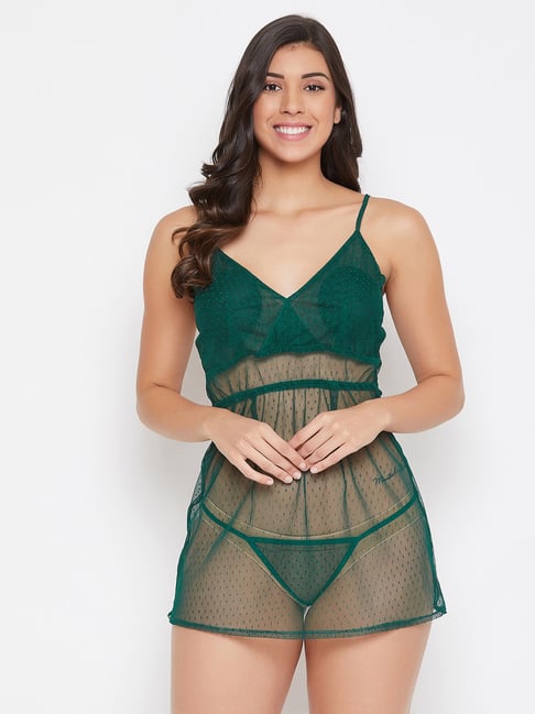 Clovia Green Self Design Babydoll With Thong-picture-32